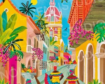 May include: A colorful illustration of a street scene in a city with a yellow, red, and blue church in the background. Three women in colorful dresses and head scarves are walking down the street, each carrying a basket of fruit on their heads.