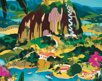 May include: A colorful illustration of a tropical island with a large, rocky mountain in the background. The mountain has a winding path leading to the top. The island is covered in lush green vegetation, palm trees, and small houses. There is a blue body of water in the foreground with boats and a sailboat. The sky is blue with white clouds and a bright yellow sun.