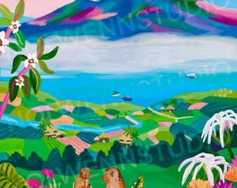 Bali / Mount Batur / Travel illustration / poster / hiking / gift / volcano / birthday / mountain / colorful poster / monkeys