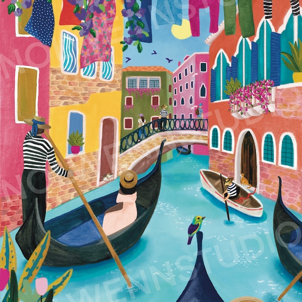 Venise/Italie/Illustration de voyage/Impression d’art/Cadeau anniversaire/Gondole/Decoration/cadeau de noël/Chats/affiche de ville/poster