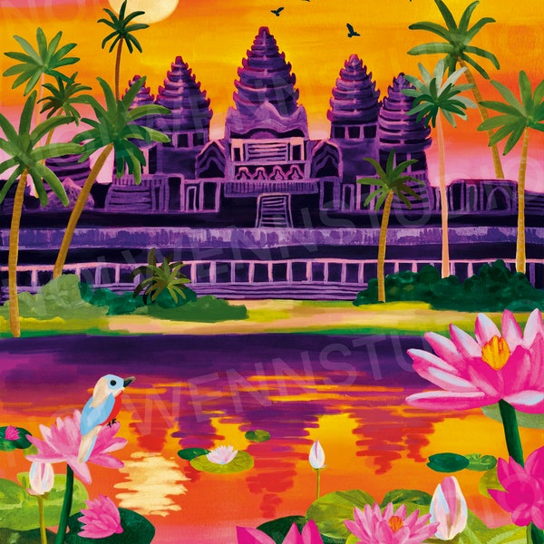 Temples d’Angkor/A5 A4 A3/Cambodge/Illustration de voyage/Asie/impression d’art/poster/cadeau anniversaire/décoration/affiche de ville