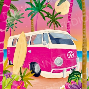 Van life/Volkswagen/city poster/Travel illustration/Hawaii/Surf/Poster/Roadtrip/Wall decoration/Birthday gift/Christmas/tropical