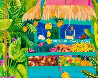 Pode incluir: Uma ilustração colorida de uma banca de frutas tropicais com telhado de palha. A banca está cheia de abacaxis, bananas, melancias, cocos e mangas. Um papagaio azul e amarelo está sentado no telhado, e um macaco está balançando em uma rede. A placa diz "Fruteria Doña Nafi".