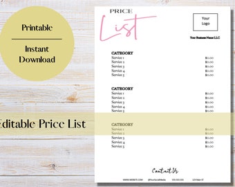 Plantilla de lista de precios / Hoja de lista de precios editable / Precios / Menú / Pequeña empresa / Lista de precios imprimible / Descarga instantánea