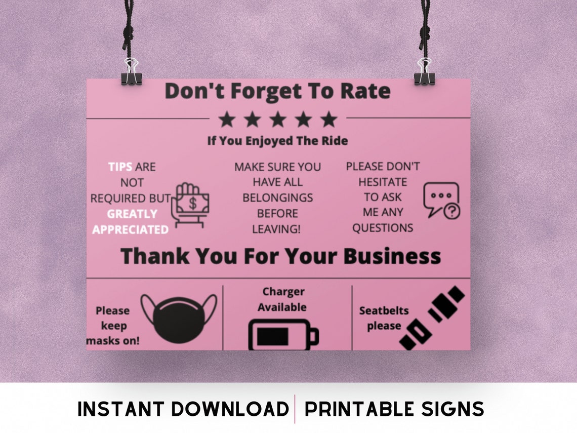 Pre Ride Free Ride Signage Uber/lyft Printable Signage | Instant Download | Rideshare Signs | Lyft ...