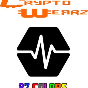 Puede incluir: Logotipo en blanco y negro de un latido del corazón dentro de un hexágono. El texto "CRYPTO WEARZ" está por encima del logotipo en naranja. El texto "27 COLORS" está debajo del logotipo en colores arcoíris.