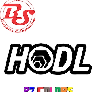 Puede incluir: Calcomanía de vinilo en blanco y negro con la palabra "HODL" en letras blancas en negrita con un diseño hexagonal negro en el centro. La calcomanía está disponible en 27 colores.