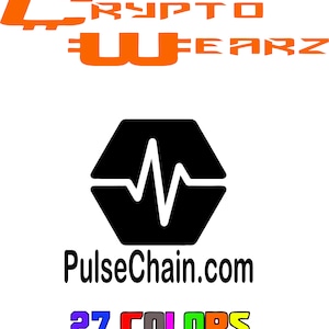 Puede incluir: Logotipo en blanco y negro de un latido del corazón dentro de un hexágono con el texto "PulseChain.com" debajo. El texto "CRYPTO FEARZ" está en naranja encima del logotipo. El texto "27 COLORS" está debajo de la dirección del sitio web.