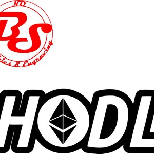 Puede incluir: Gráfico en blanco y negro de la palabra "HODL" con un logotipo estilizado de la criptomoneda Ethereum en el centro.