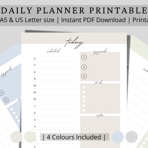 May include: Printable daily planner template in four colors: light blue, gray, green, and beige. The planner includes sections for schedule, goals, to-do list, and notes. The text "Today..." is written at the top of the page.