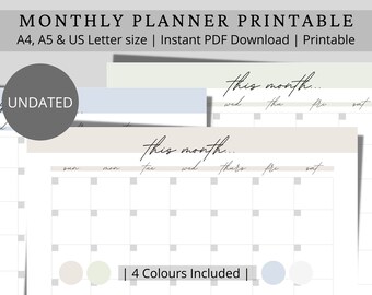 Printable monthly planner l Sun/Mon Start | PDF I A4,A5 and US Letter size I Monthly planner printable | Productivity Planner | Goal planner