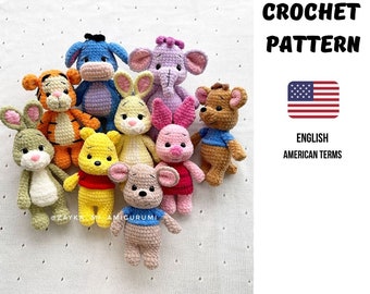 Crochet pattern 7 in 1 / SPAR SET/Lovely teddy Bear-Donkey-Piglet-Tiger Rabbit-Kangaroo-Elephant / Amigurumi crochet pattern