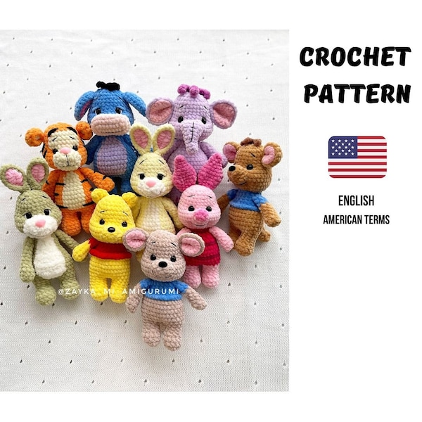 Schema all'uncinetto 7 in 1 /SET RISPARMIO/Adorabile orsetto Winnie-the-Pooh/Asino/Maialino/Tigre/Coniglio/Canguro/Elefante / Schema Amigurumi all'uncinetto