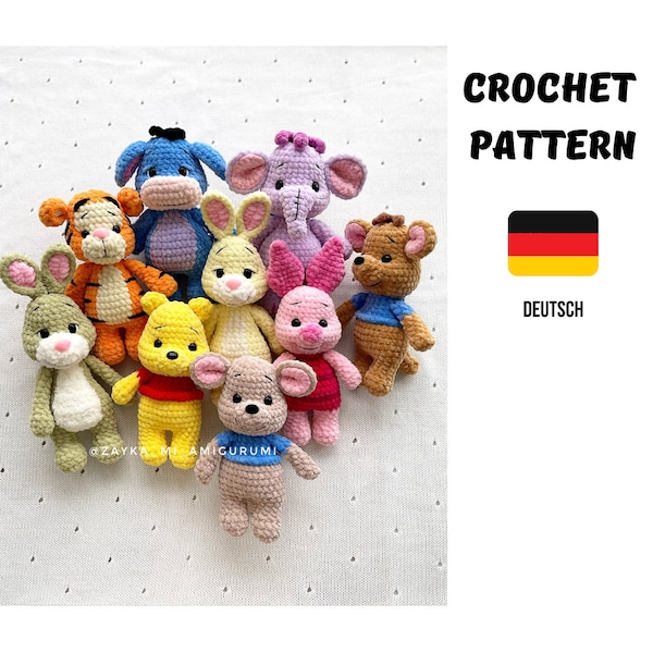 Häkelanleitung 7 in 1 Spar Set /Esel, Elefant, Ferkel, Tiger, Kaninchen, Winni puuh/Muster Spielzeuge amigurumi