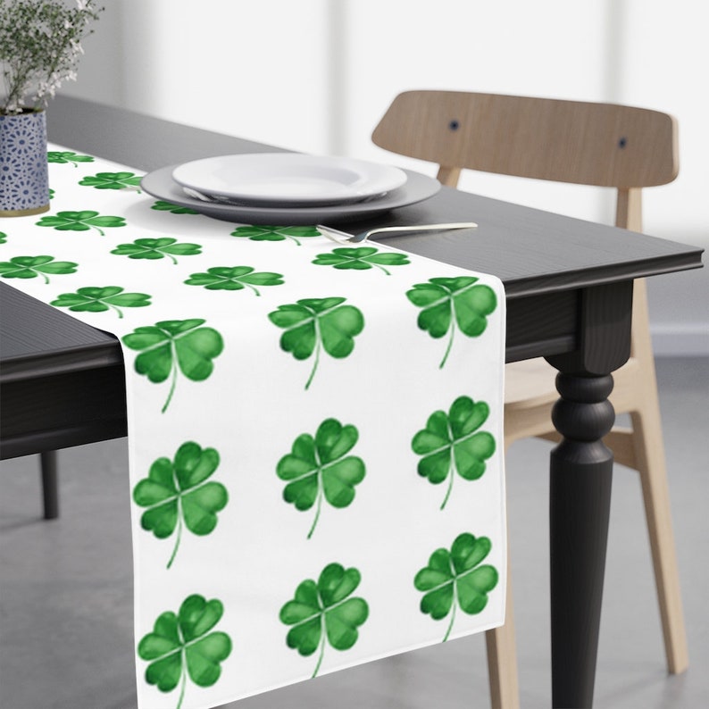 Table Runner  Green Four Leaf Clover  Rectangle 90 Inches image 1
