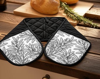 Olive You (I Love You) | Pun In The Kitchen Double Oven Mitt: Black & White Minimalist Design