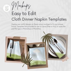 May include: Cloth dinner napkin templates with a landscape design, featuring a blue sky, white cloud, and green hills. The image includes the text "Mockups, Easy to Edit, Cloth Dinner Napkin Templates". The napkins are displayed with silverware on plates.