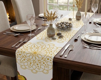 Caminho de mesa Diwali branco, 72" ou 90" | Poliéster