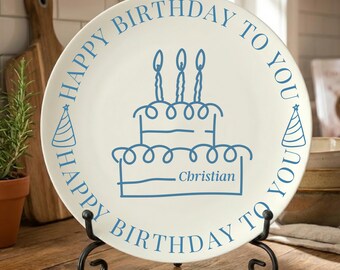 Pink or Blue Happy Birthday Platter | Personalize Add Your Name Bone China Serving Dish | Custom Cake Cookie Plate | Baby Shower Parent Gift