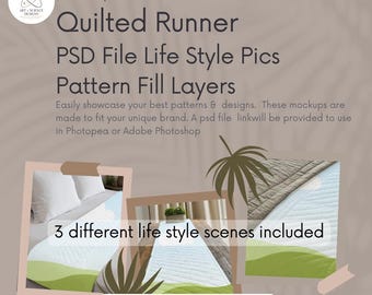 Mockup für gesteppten Läufer: PSD-Datei (Photopea/Adobe) für Print-on-Demand-Anbieter wie Printify, Spoonflower, Gelato, Prodigi, Gooten, Art of Where und MWW Designs