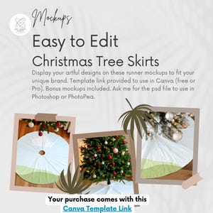 Puede incluir: Imagen que muestra maquetas de faldas para árboles de Navidad. Se muestra el texto "Easy to Edit Christmas Tree Skirts". La imagen incluye ejemplos de faldas de árbol con un diseño blanco y verde, y un árbol de Navidad.