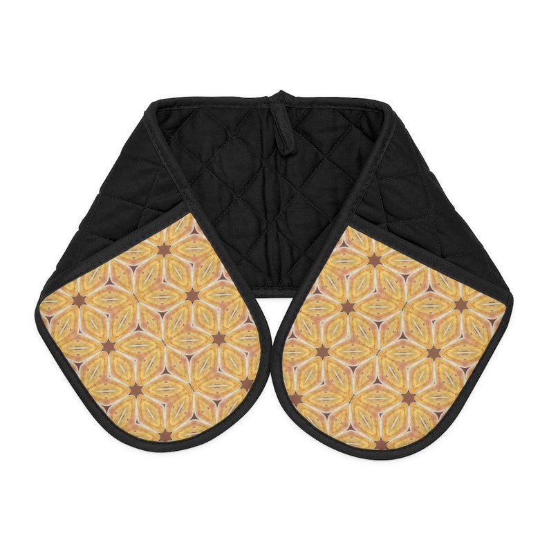 Double Oven Mitt Two Hand Pocket Glove Black & Gold Banana Theme Minimalist Design image 1