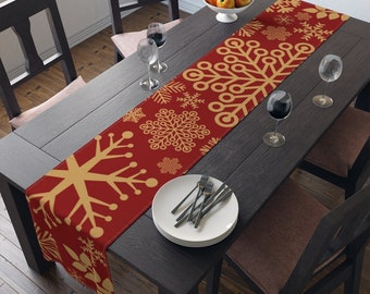 72 Inch Long Table Runner Polyester | Christmas Snowflakes Red and Gold | Cater Your Holiday Table With Seasonal Decor