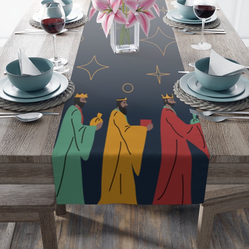 90 Inch Table Runner Oh Holy Night Three Kings Day Dia De Los Reyes Magos Polyester image 5