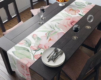 72 Inch Long Table Runner With Seasonal Theme  | Pink Rose Garden |  Polyester Material