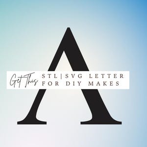 Puede incluir: Una letra "A" negra con una fuente serif, sobre un fondo degradado de azul y verde. Un rectángulo blanco sobre la letra dice "Get This STL | SVG LETTER FOR DIY MAKES" en fuentes negras de script y sans-serif.