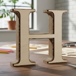 May include: A large, layered wooden letter "H" stands on a wooden surface. The letter is light brown and appears to be made of multiple thin layers. Various art supplies, including pencils and paint, are scattered around the letter.