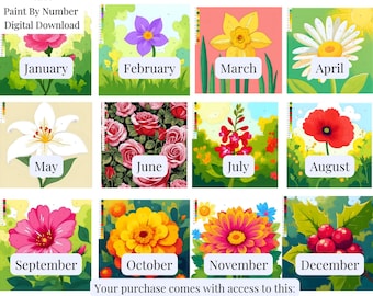 Kit per dipingere con i numeri il fiore del mese di nascita: arte personalizzata fai da te (download PDF)