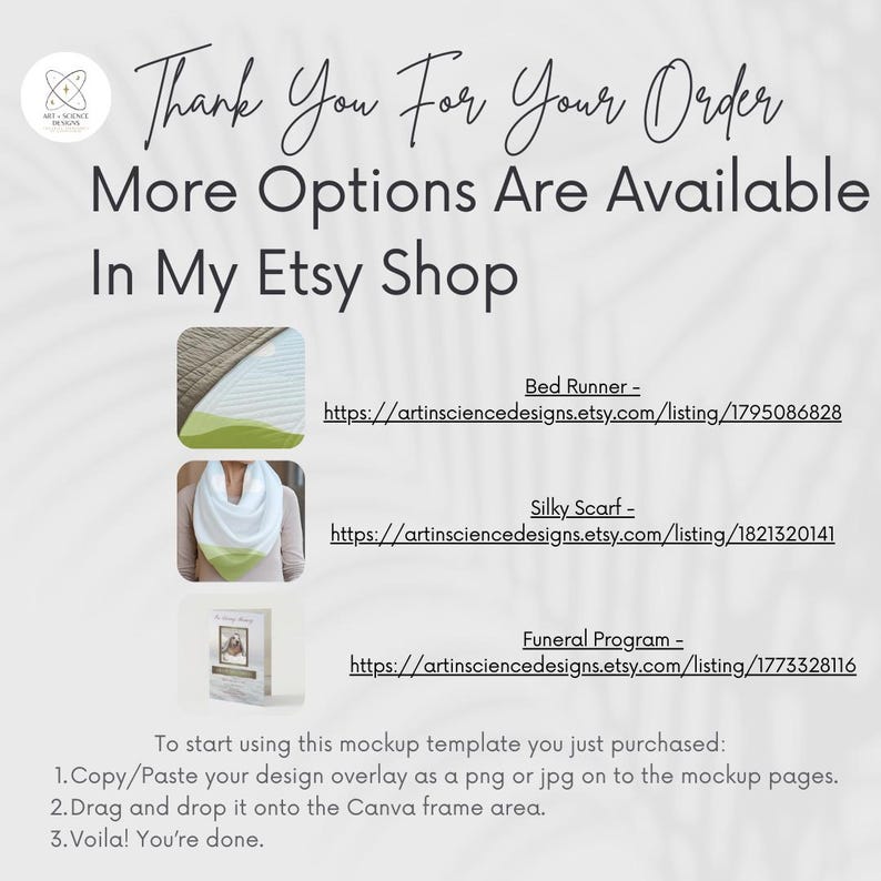 Pu&ograve; includere: Un modello digitale con il testo "Thank You For Your Order" e "More Options Are Available In My Etsy Shop." L'immagine include esempi di un copriletto, una sciarpa di seta e un programma funebre. Vengono fornite istruzioni per l'utilizzo del modello.