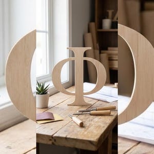 May include: A wooden sculpture of the Greek letter Phi, standing on a rustic wooden table. The sculpture is light brown and surrounded by woodworking tools, a small succulent plant, and blueprints. The background includes a window and a workshop.