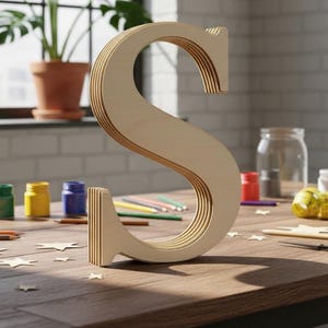 以下が含まれることがあります： 木製の大きな「S」の文字が、木製のテーブルの上に置かれています。 文字は薄茶色で、立体的な効果があります。 テーブルには絵の具の瓶、鉛筆、その他の工芸品も置かれており、DIYや工芸品をテーマにしています。