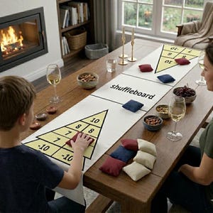 Puede incluir: Un juego de shuffleboard sobre una mesa de madera. El tablero blanco tiene líneas negras y la palabra "shuffleboard". Pequeñas bolsas de frijoles en azul, rojo y beige están apiladas. Una persona está jugando. Cuencos con aperitivos y bebidas están sobre la mesa.