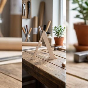 May include: A wooden letter "A" stands on a rustic wooden table. The letter is light brown and has a simple, clean design. The background includes tools, plants, and a window, suggesting a workshop or craft space.