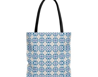 Large Market Tote Bag | One-of-A-Kind Blue Cross Pattern