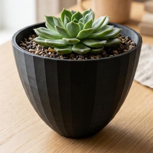 May include: A black, textured planter with a geometric design, holding a green succulent plant. The planter is filled with small pebbles and soil, creating a natural aesthetic. The plant has multiple green leaves. The planter is on a wooden surface.
