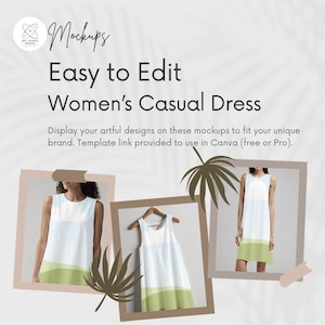 May include: A digital mockup template for a sleeveless dress featuring the text Mockups Easy to Edit Women's Casual Dress. The design includes three framed views of a dress with a white, light blue, and green color-blocked pattern.