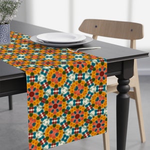 Modern Table Runner With Seasonal Theme 90 Inches Long Sunny Orange Grove Flower Patches image 1