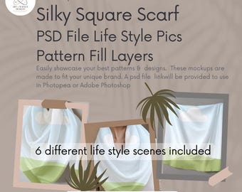Quadratisches Schal-Mockup: PSD-Datei (Photopea/Adobe) für POD-Anbieter wie Printify, Spoonflower, Gelato, Prodigi, Gooten, Art of Where und MWW Designs