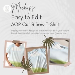Pu&ograve; includere: Immagine di mockup di t-shirt con un design azzurro, verde e bianco. Il testo recita "Mockups, Easy to Edit, AOP Cut & Sew T-Shirt". L'immagine &egrave; progettata per mostrare design artistici per il branding.