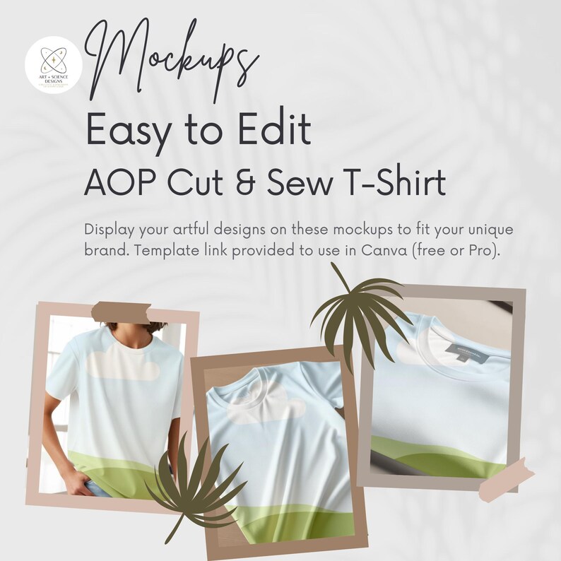 Pu&ograve; includere: Immagine di mockup di t-shirt con un design azzurro, verde e bianco. Il testo recita "Mockups, Easy to Edit, AOP Cut & Sew T-Shirt". L'immagine &egrave; progettata per mostrare design artistici per il branding.