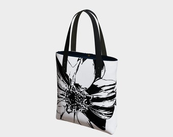 Dahlia Black Flower Urban Tote Bag - Vegan Leather Straps