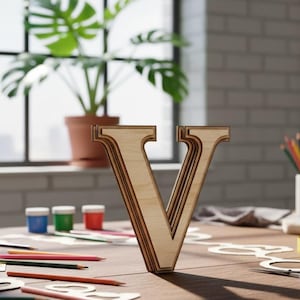 May include: A layered wooden letter "V" stands on a wooden table. The letter is light brown with darker brown edges. Paint pots, pencils, and other craft supplies are scattered around. A large green plant sits in a terracotta pot near a window.