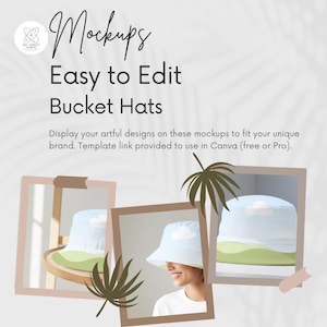 May include: Three mockups of a light blue bucket hat with a white cloud design. The hats are displayed on a wooden surface, a table, and a person's head. The text "Mockups Easy to Edit Bucket Hats" is displayed at the top of the image.