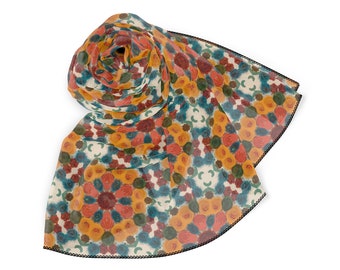 50 Inch Square Scarf Head Wrap or Tie |  | Silky Soft Chiffon Material |  Wear as a Shawl, Hijab or Handkerchief | Gold Flower Garden Print