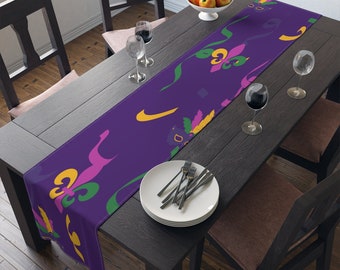 90" Long Table Runner Polyester | Mardi Gras King Cake Design | Let The Good Times Roll | Laissez Les Bon Temps Rouler