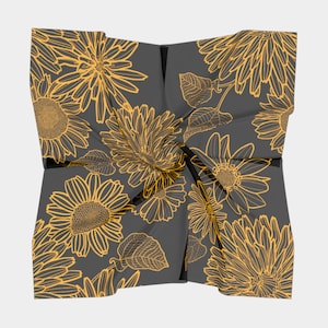 50 Inch Square Scarf Head Wrap or Tie | Black| Sun Flowers Design| Silky Soft Chiffon Material